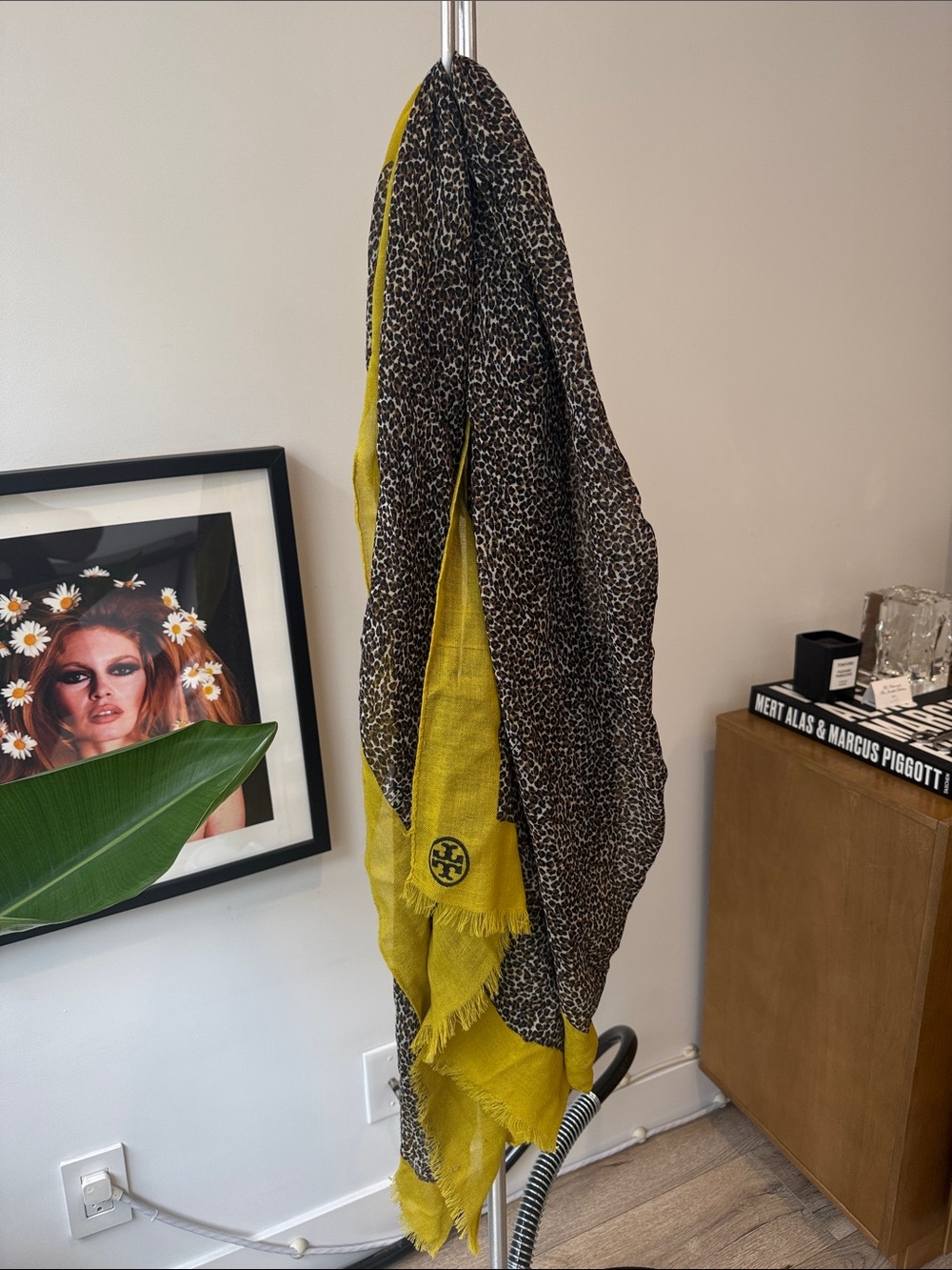 Tory Burch Leopard and Mustard Yellow-Edge Fringe Scarf